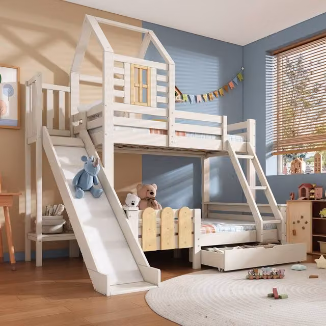 Merax Treehouse Double Bunk Bed with Slide and Storage Drawers in White