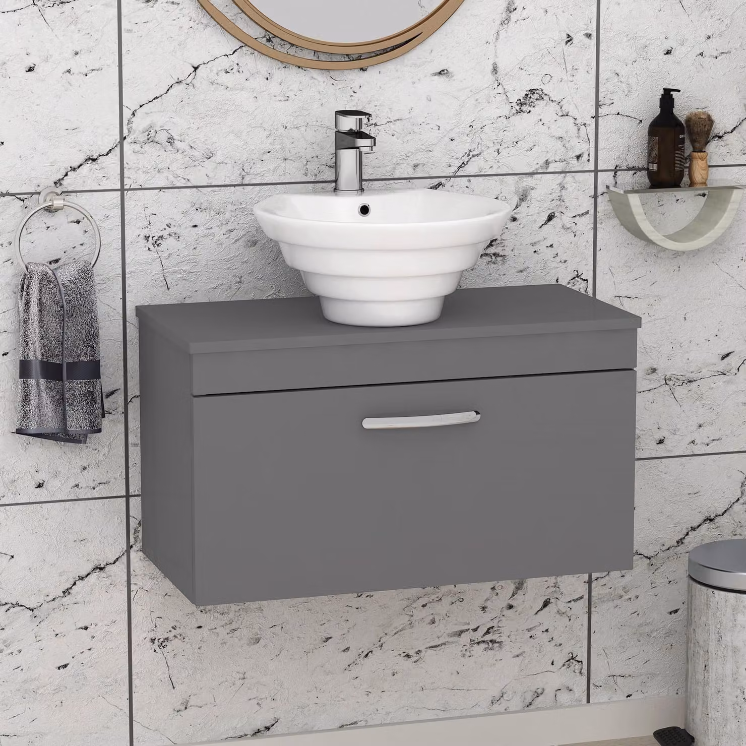 Royal Bathrooms Turin 800mm Wall Hung Vanity Unit with 1 Drawer in Indigo Grey Gloss