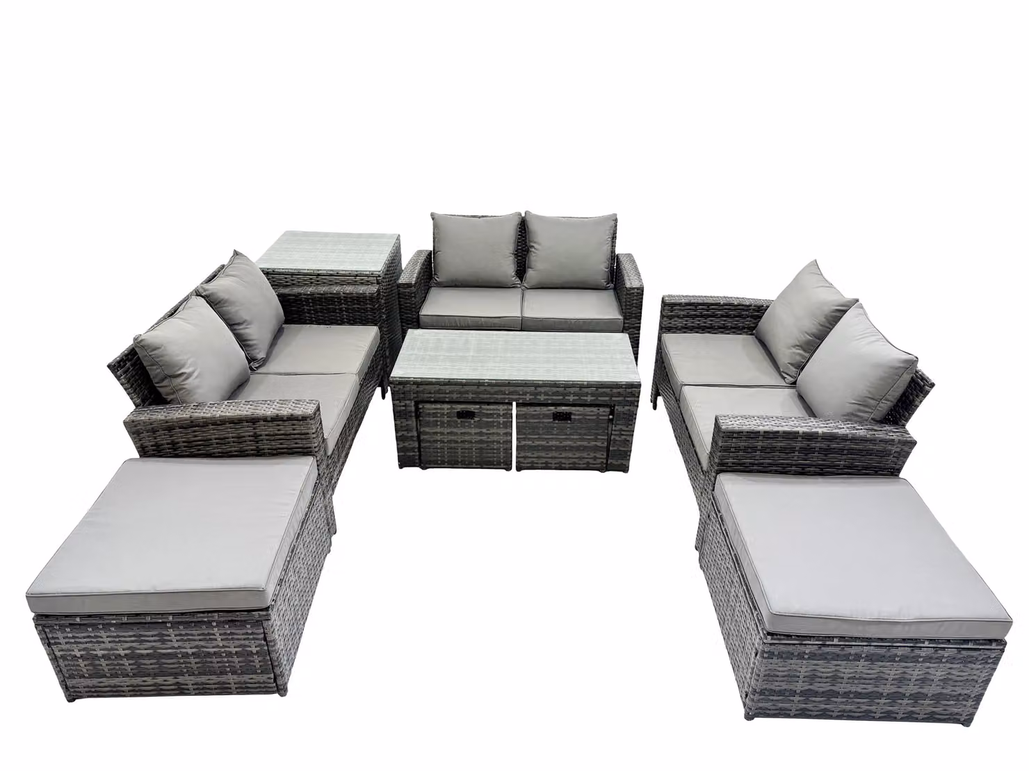 Fimous Outdoor Love Sofa Set with Oblong Coffee Table and 4 Stools in Dark Grey – 2