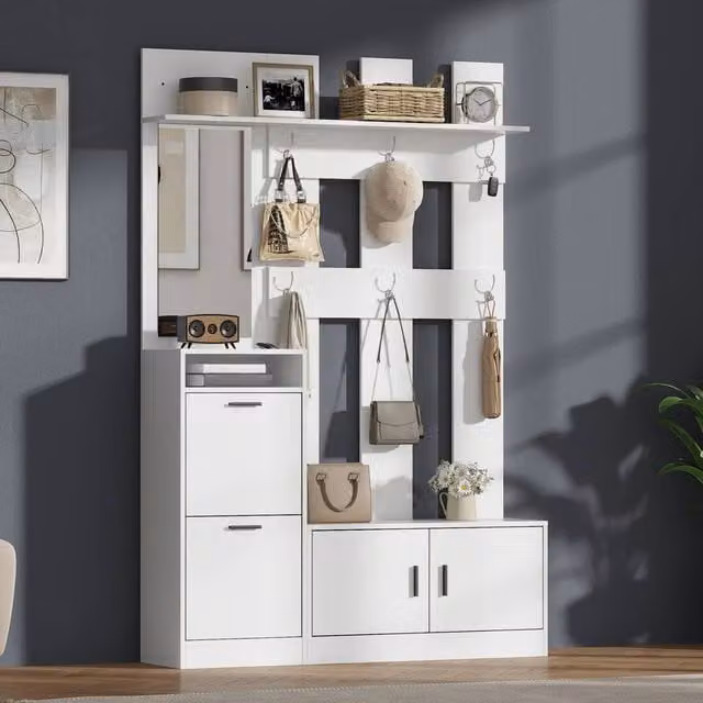 Merax Modern White Hall Tree Storage Unit with Shoe Bench, Mirror and Hooks, H 180 x W 80 x D 30 cm – 1