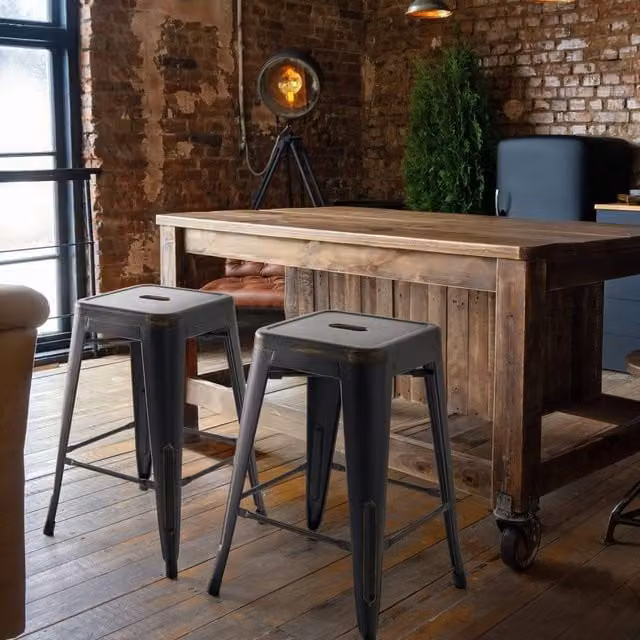 Wyld and Coco Set of 2 Black Matt Metal Industrial Stackable Bar Stools – 1