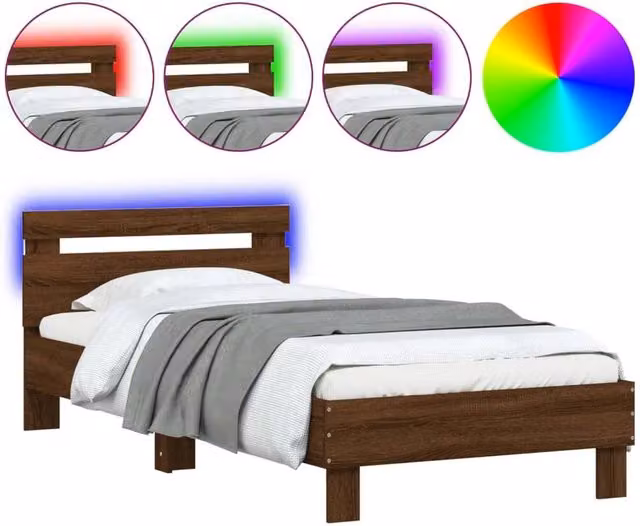 Berkfield Home Modern Bed Frame with LED Lights and USB Charging Port in Brown Oak, W/D/H: 90 x 200 cm – 1