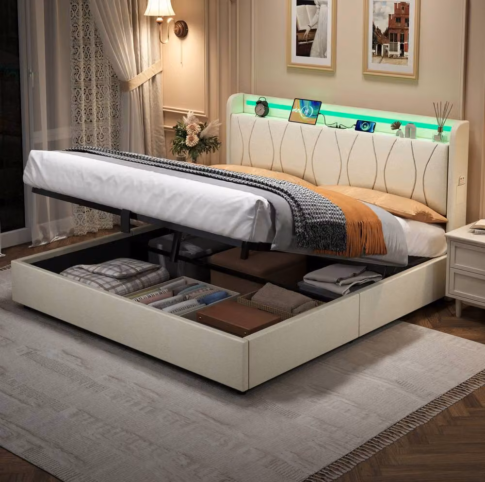 STILVORA King Size Upholstered Bed Frame in Beige with Hydraulic Lift-Up Storage, LED Headboard and USB Charging Port, W/D/H: 180 x 200 cm – 2