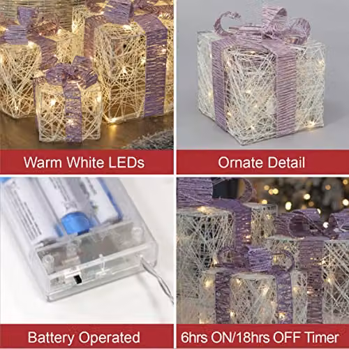 The Christmas Workshop 70839 Set of 3 Light-Up Christmas Boxes with Pink Bow, White, featuring 65 Warm White LED Lights and Timer Functionality – 4