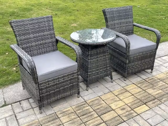 Fimous Rattan Garden Dining Set with Round Glass Table and 2 Chairs in Dark Grey