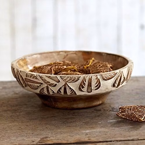 Paper High Antique White Leaf Design Mango Wood Serving Bowl – 1