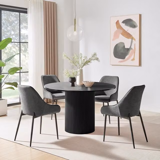 FurnitureboxUK Penrose Black Round Dining Table and 4 Beaumont Grey Chairs Set, Diameter: 120 cm – 1