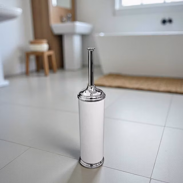Opera Freestanding White Showerdrape with Brush and Ceramic Holder