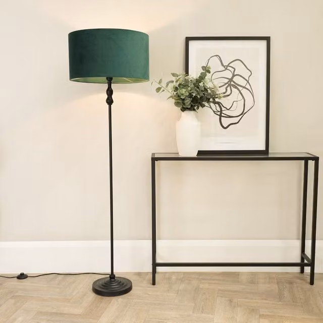 ValueLights Maggie Black Metal Candlestick Floor Lamp with Green Fabric Cylinder Shade – 1
