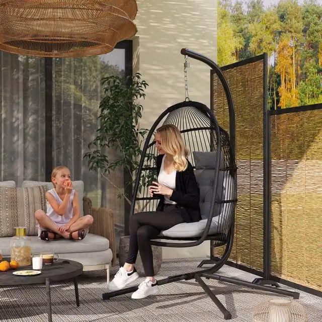 Outsunny Modern Rattan Hanging Egg Chair with Stand in Dark Grey