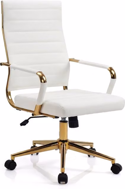 Costway Modern White and Gold Ribbed Faux Leather Swivel Office Task Chair with Armrests and Castors – 1