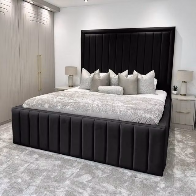 Living Comfort Bedz Hampton Upholstered Slatted Base Bed with 54-Inch Panel Headboard in Black Velvet, W/D/H: 140 x 200 cm