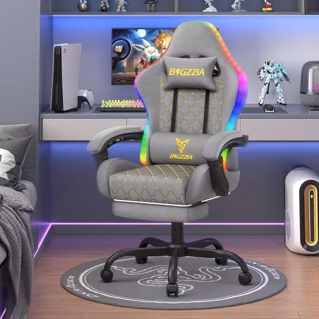 Gartistgo Grey PU Leather Gaming Chair with RGB Lights, Footrest and Headrest – 1