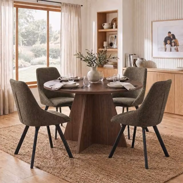 FWStyle Modern Round Walnut and Oak Dining Table with 4 Green Swivel Chairs in Brown, Diameter: 120 cm, Height: 75 cm