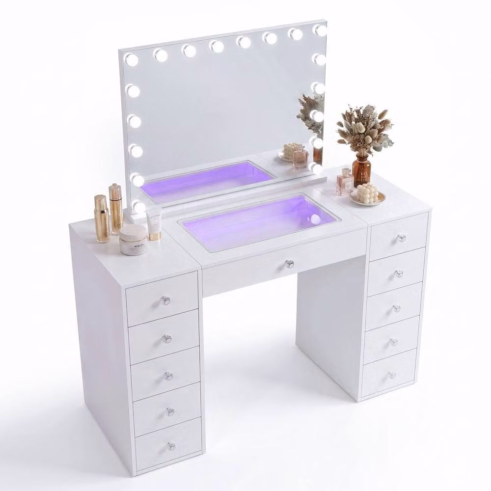 FENCHILIN White Modern Dressing Table with 11 Drawers and 18 LED Hollywood Mirror featuring RGB Lighting – 2