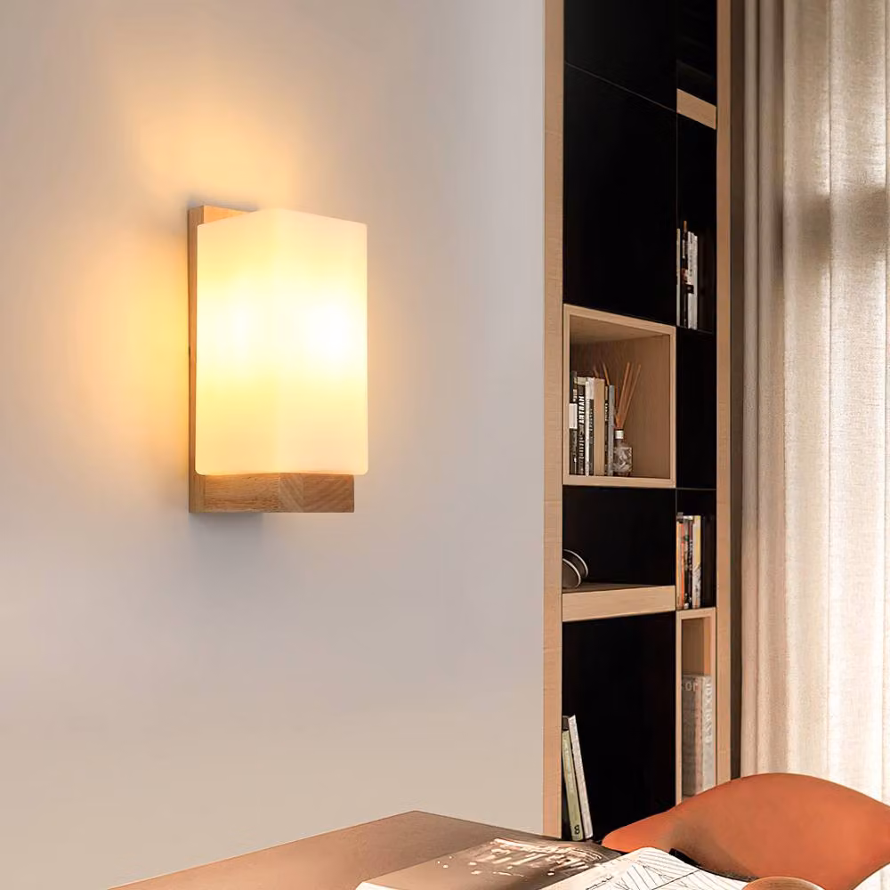 Pheashine Natural Wood Wall Light with Rectangular Transparent Glass Shade, Light Brown, Height: 25 cm – 3