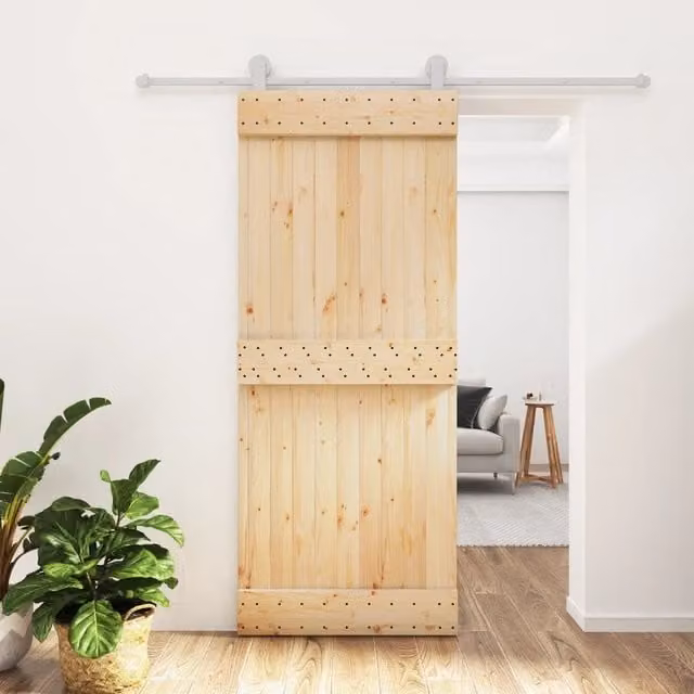 Berkfield Home Modern Sliding Door with Hardware Set, Solid Wood Pine, Brown, W: 85 cm, H: 210 cm