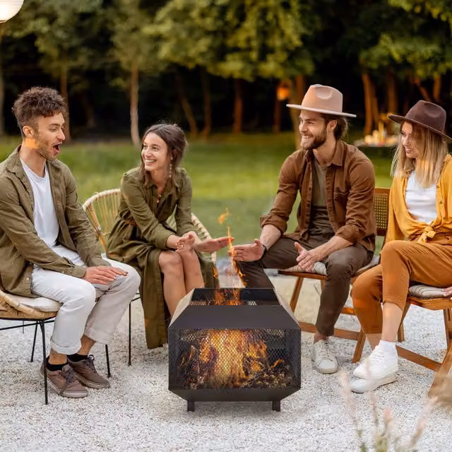 Outsunny Black Steel Garden Square Firepit Heater Stove