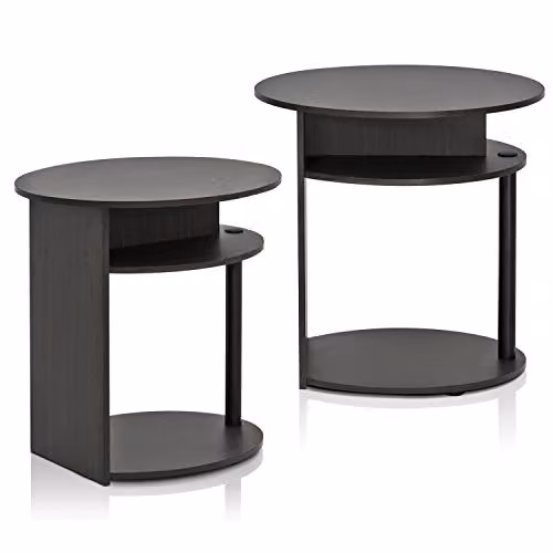 Furinno JAYA Set of 2 Round 3-Tier Side Tables with Oval Top and Open Shelves, Walnut – 3