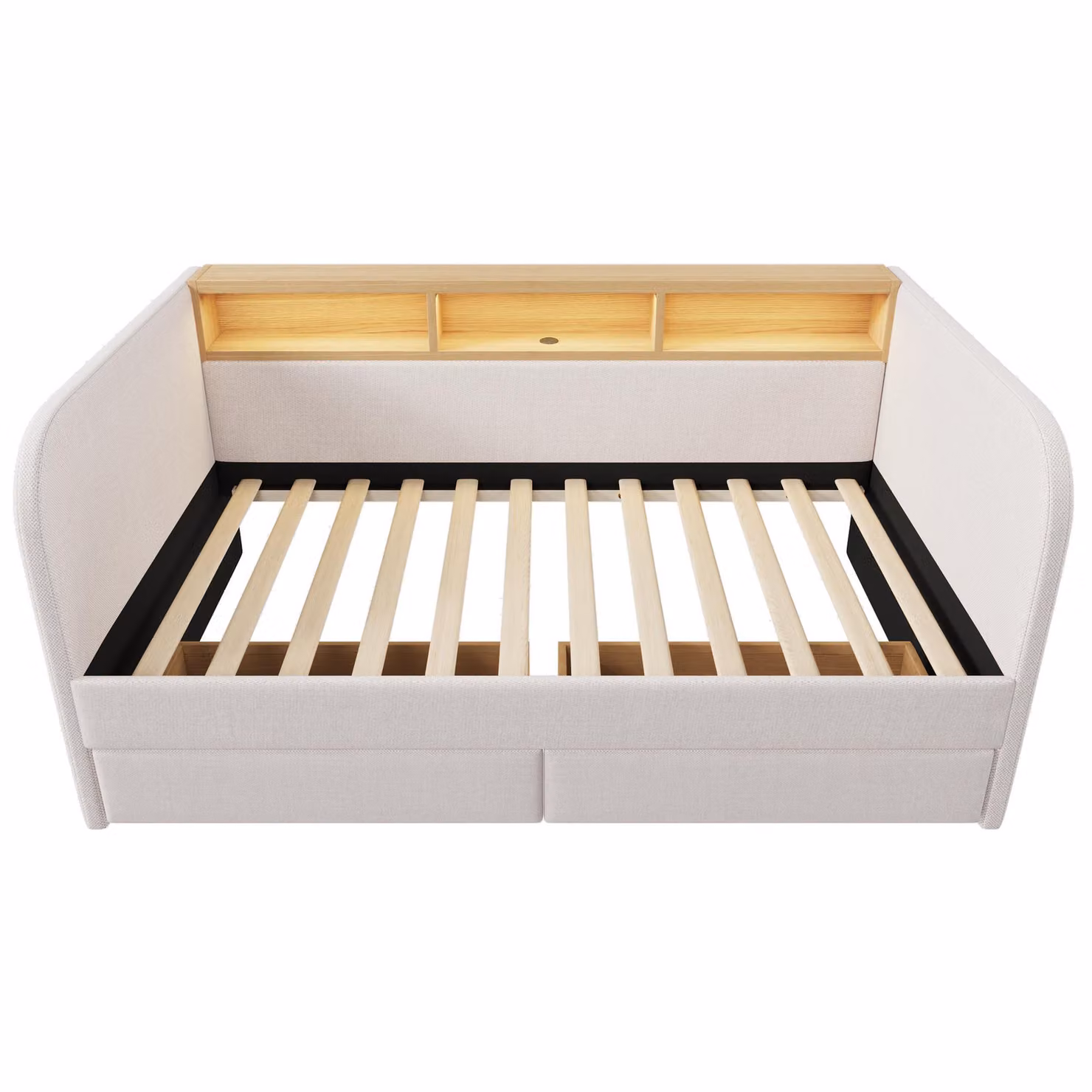 Aosom UK Modern Curved Beige Upholstered Sofa Bed with 2 Drawers and LED Lighting, L: 197.5 cm, W: 107 cm, H: 70 cm – 2