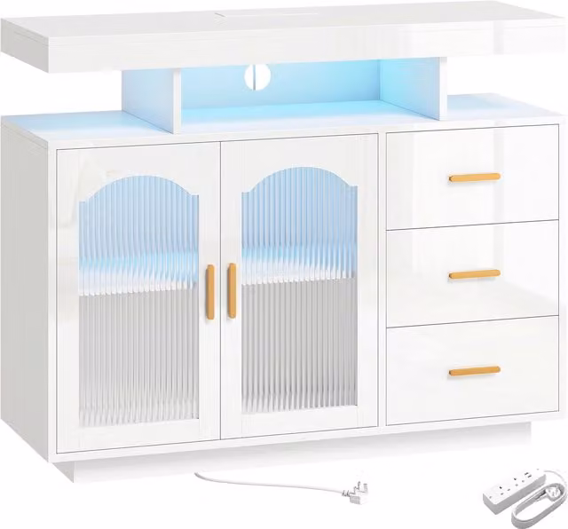HOMCOM High Gloss White Sideboard with LED Lights, Built-in Power Outlets, 3 Drawers, Shelves and 2 Acrylic Doors – 1