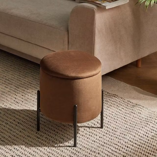 Wyld and Coco Dark Brown Velvet Storage Pouffe with Pine Wood Base – 1