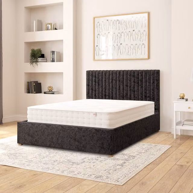 Aspire Grant Double Ottoman Storage Bed in Black Mirazzi Velvet Fabric, W/D/H: 140 x 200 cm