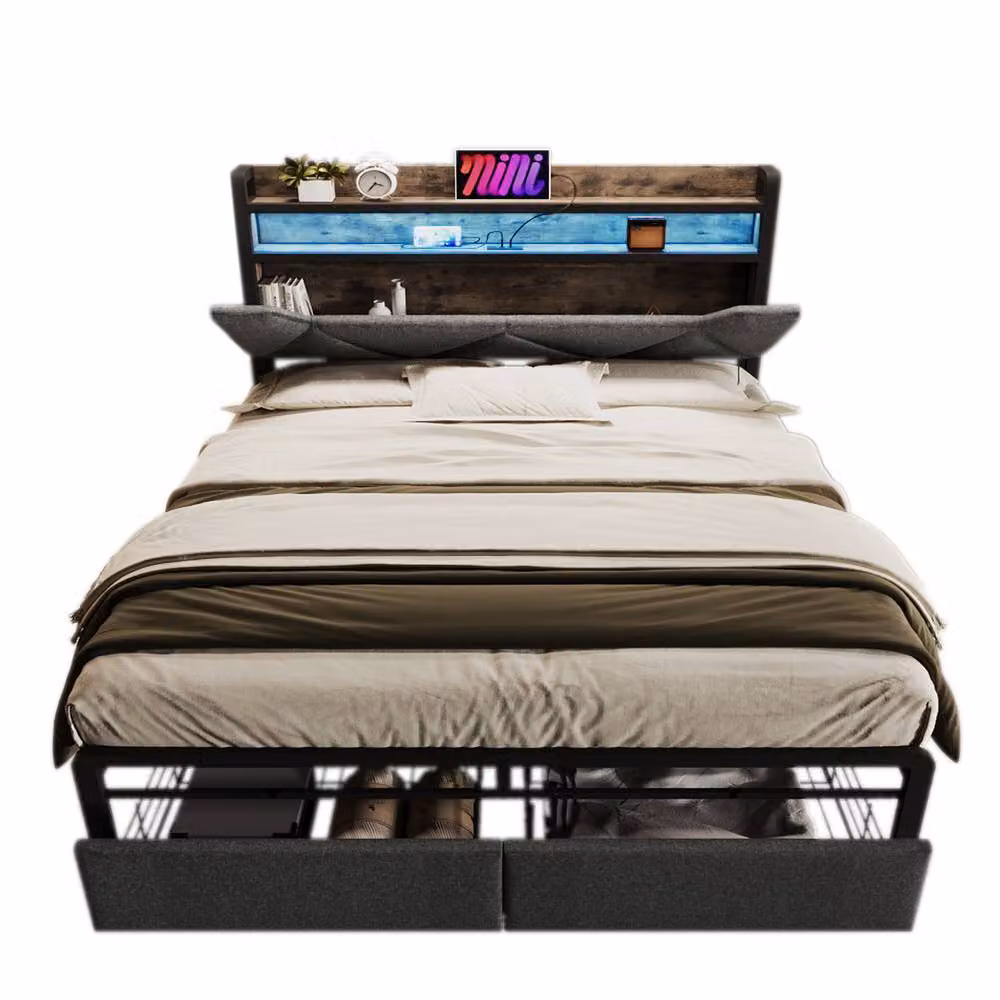 BTM Grey Linen Bed with LED Headboard, USB Charging Ports and Storage Drawers, W/D/H: 140 x 200 x 110 cm – 6