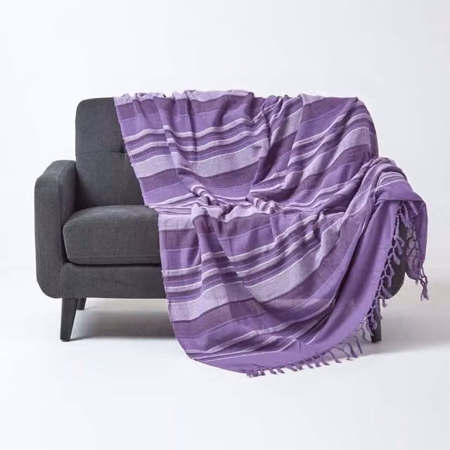 Homescapes Woven Cotton Moroccan Striped Throw in Purple, Width: 255 cm