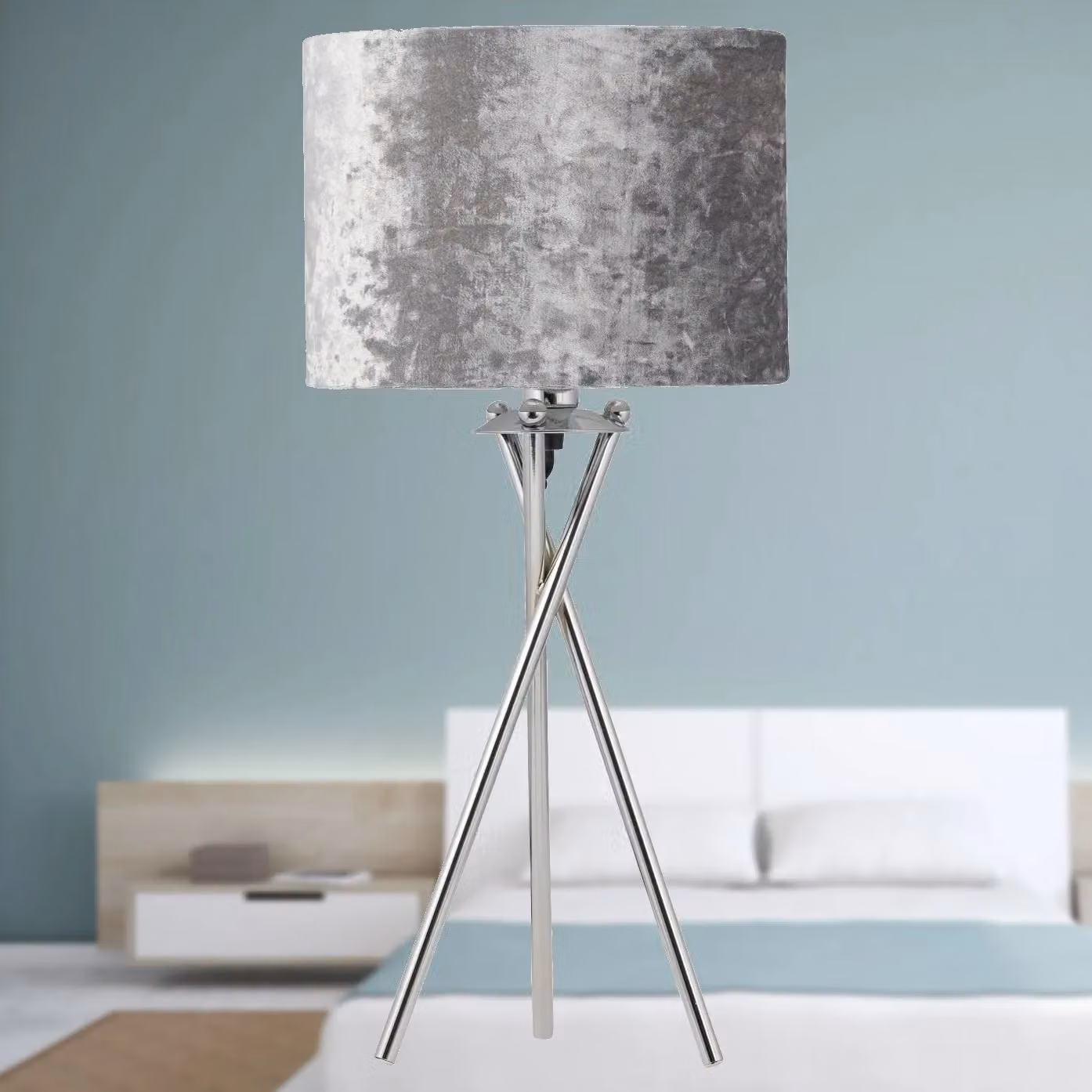 First Choice Lighting Chrome Tripod Table Lamp with Grey Fabric Shade – 3