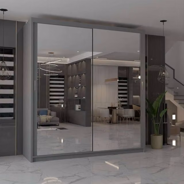 MN Furniture Cuba Sliding Mirror Wardrobe with Integrated LED Lighting in Grey, W/H: 203 x 217 cm