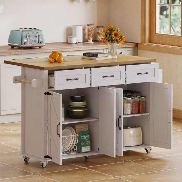 Aosom UK Mobile Kitchen Island with Foldable Tabletop and 5 Lockable Castors, White and Natural, W: 70 cm, D: 70 cm, H: 90.5 cm
