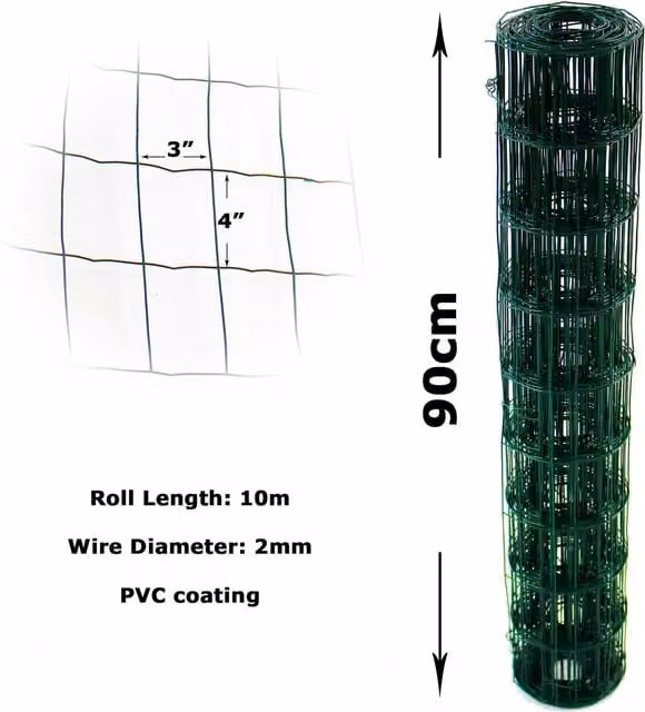 Actiaspet Green PVC Coated Galvanised Steel Wire Mesh Garden Fencing, H: 90 cm, Mesh: 100 mm x 75 mm
