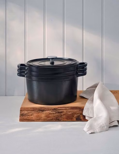 M&S x Tom Kerridge 3 Piece Black Enamel Cast Iron Stacking Set with Lids
