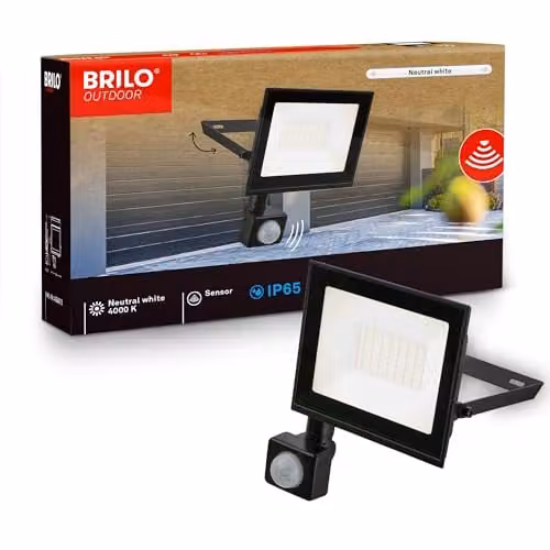 Briloner Black LED Outdoor Floodlight with Motion and Dusk Sensor, 30W, 2700lm, IP65, W/D/H: 19 x 19 x 4 cm