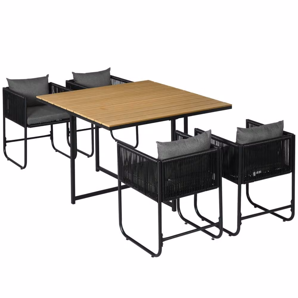 Wyld Haus Lilere 4 Seater Cube Rattan Garden Dining Set with Cushions and Wood Effect in Black – 2