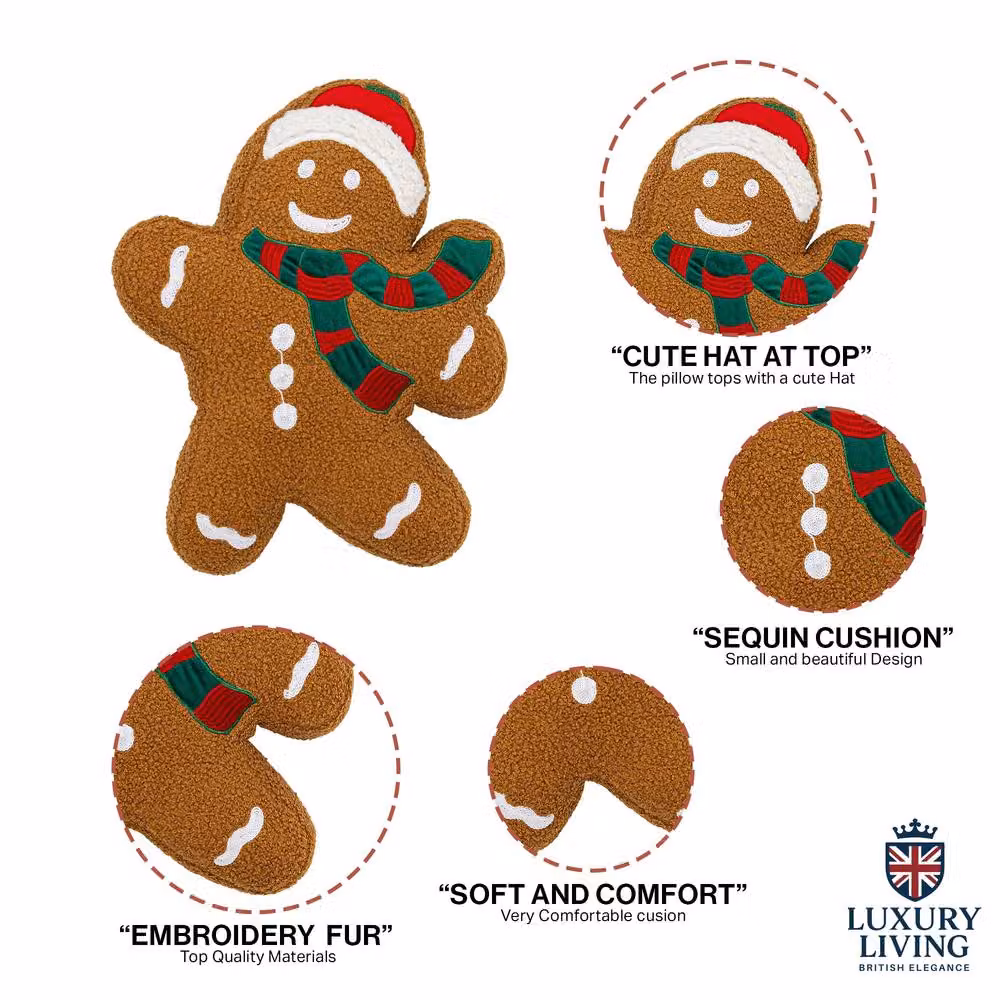 Luxury Living Brown Gingerbread Man Embroidered Christmas Cushion, W: 50 cm, H: 35 cm – 3
