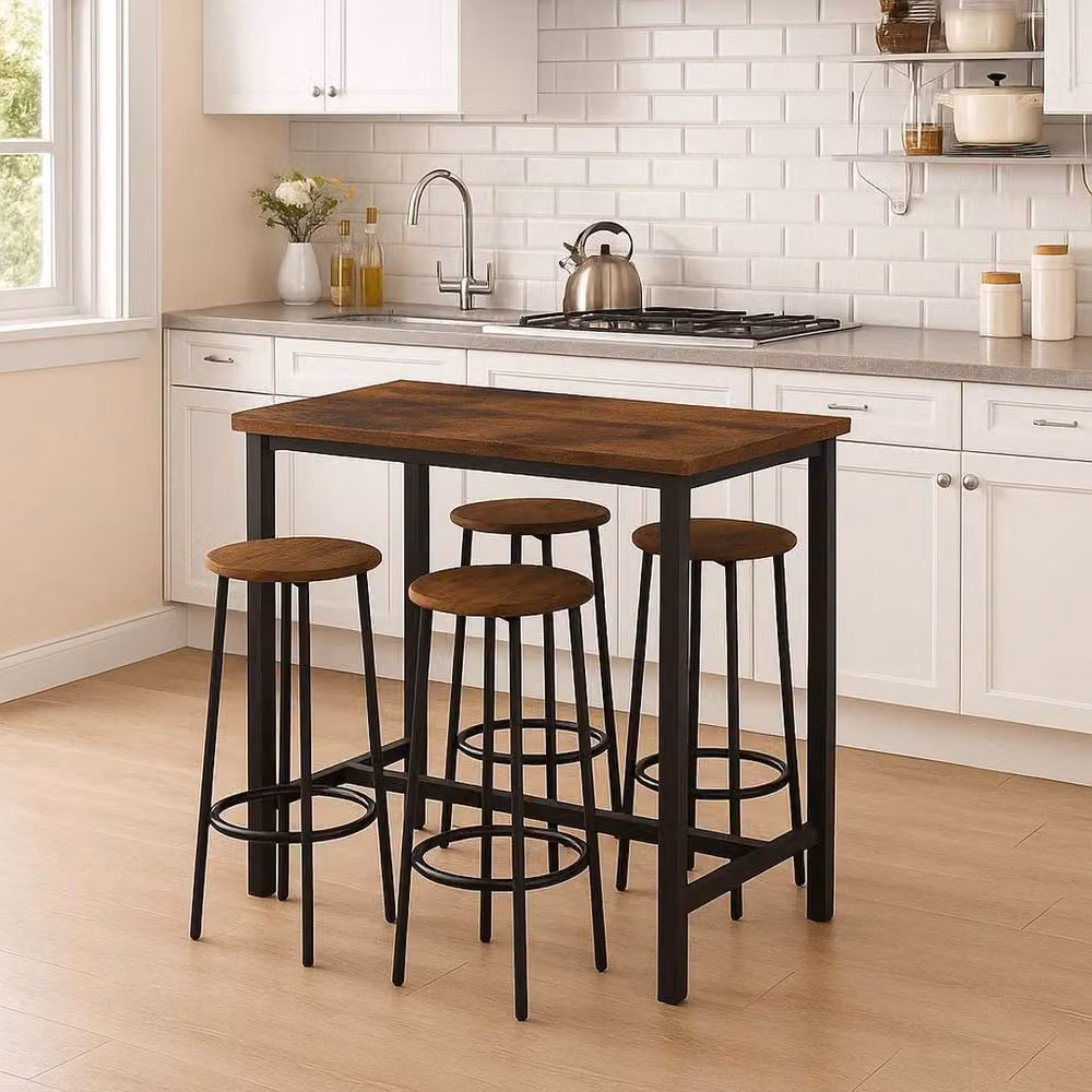 PAWNORA 5 Piece Industrial Bar Table and Stools Set in Rustic Brown – 3