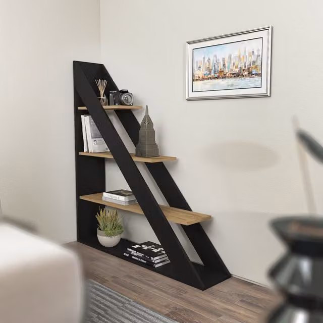 Decorotika Pisagor 4-Tier Corner Bookshelf in Black and Oak
