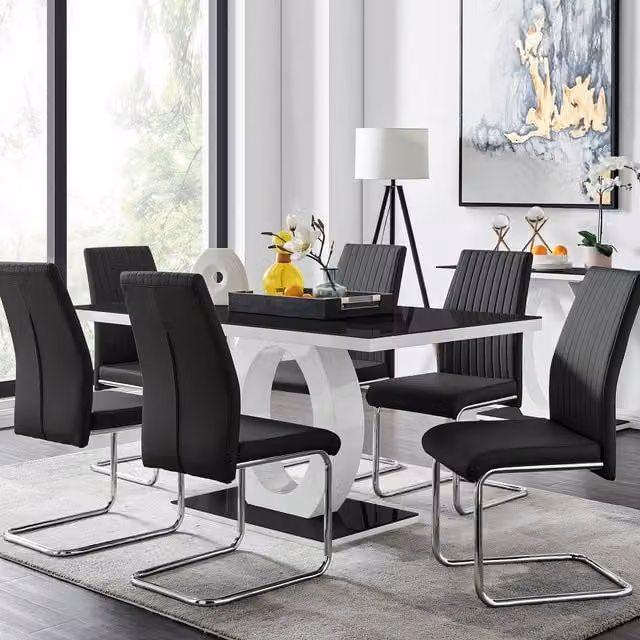 FurnitureboxUK Giovani High Gloss and Glass Rectangular Dining Table with 6 Lorenzo Chairs Set in Black