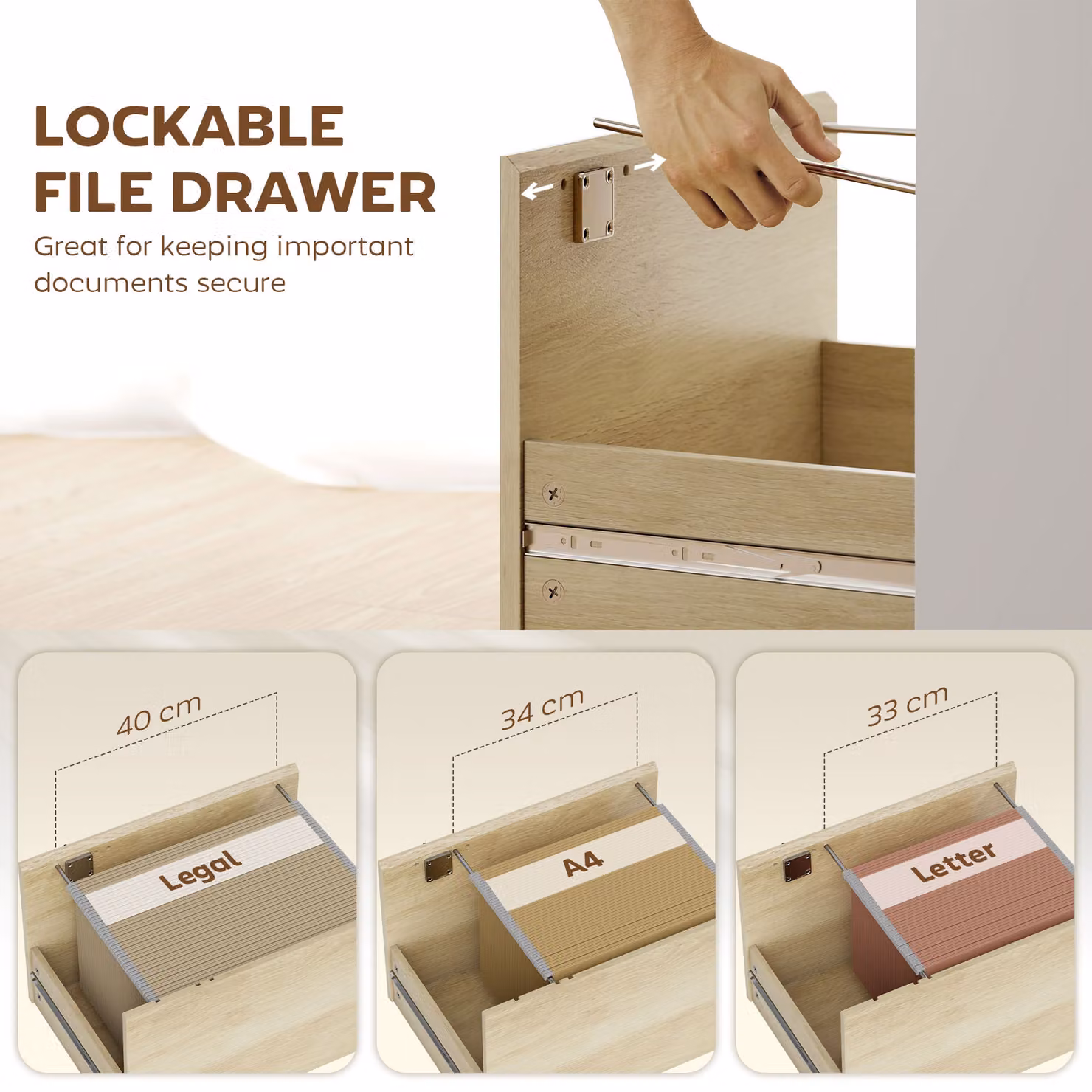 HOMCOM Computer Desk with Bookshelf, File Drawer and Legal Hanging File Holders in Brown Oak Wood Effect – 4