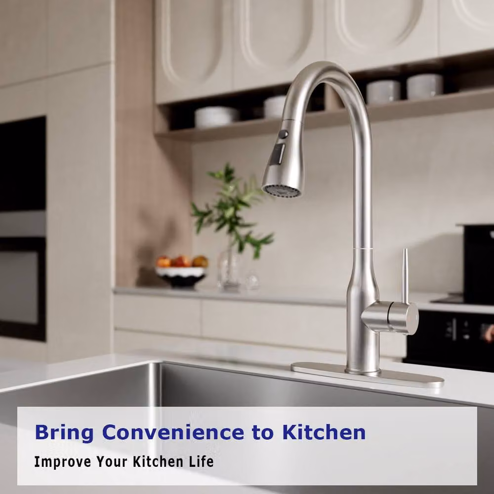 YUHUBY Silver Brushed Steel Kitchen Tap with Single Lever, Pull-Out Spray and 360 Degree Swivel Spout – 2