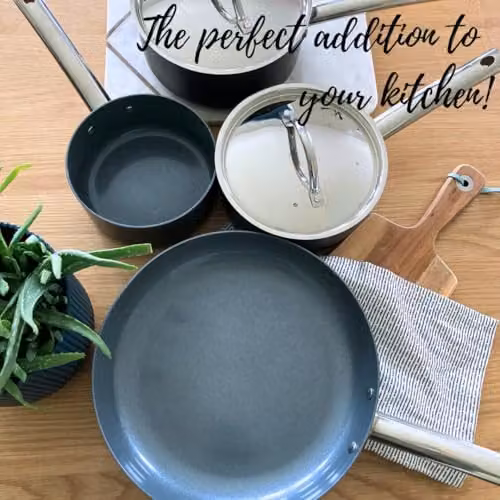 Cermalon 4 Piece Hard Anodised Non Stick Cookware Starter Set in Grey, including Frying Pan and Saucepan with Lids, Induction and All Hob Compatible – 4