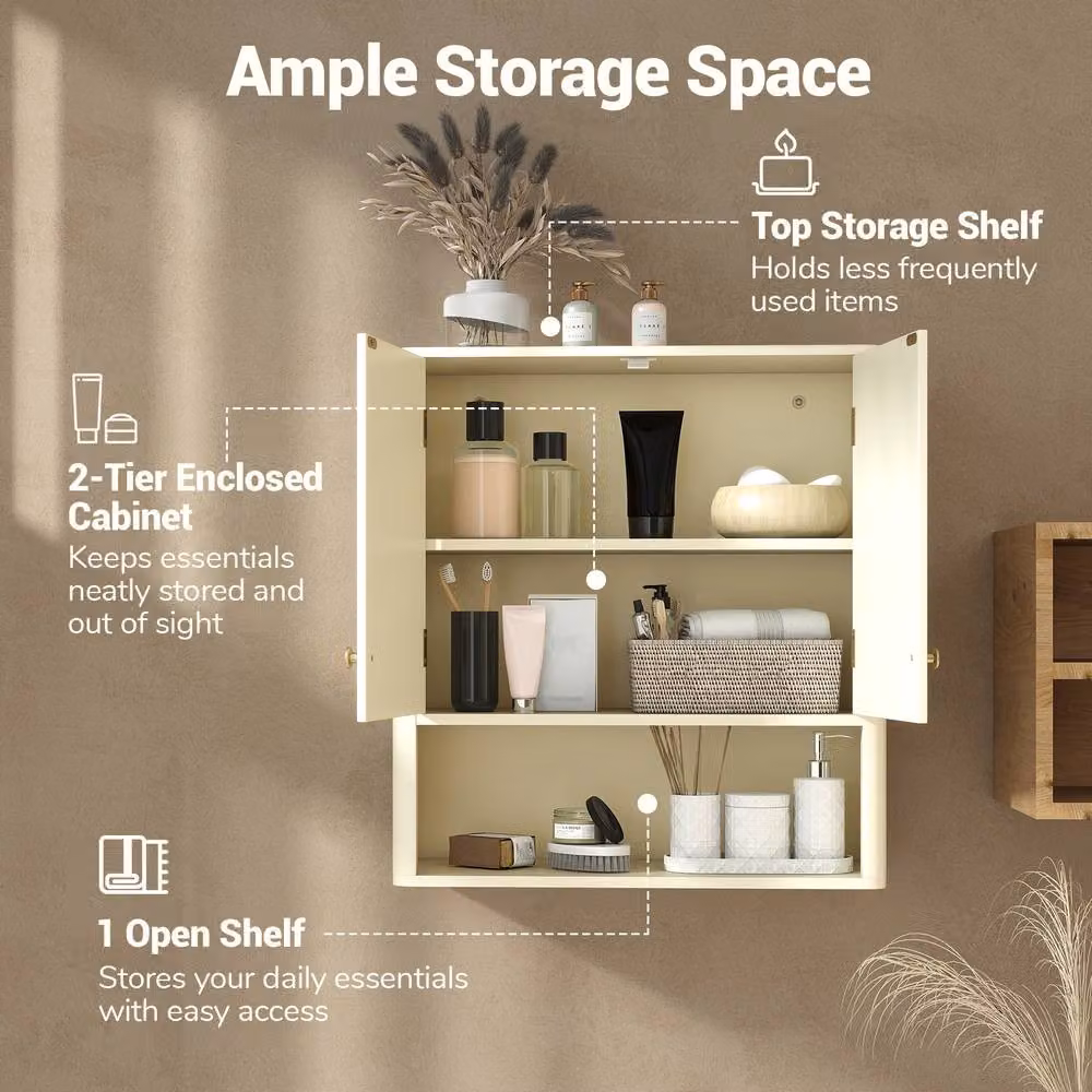 Costway Fluted Wooden Wall Mounted Bathroom and Kitchen Medicine Cabinet with 2 Doors and Internal Shelves in Beige – 3