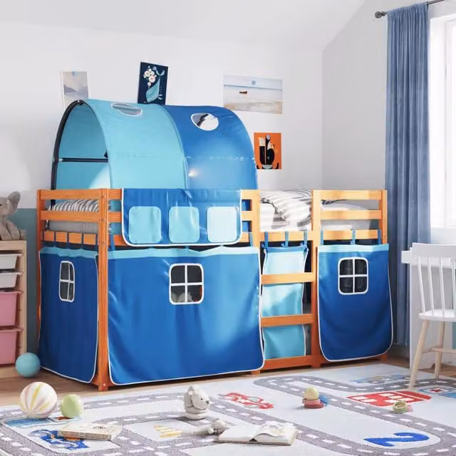 Berkfield Home Blue Solid Wood Pine House Frame Bunk Bed for Children W/D/H: 90 x 200 cm