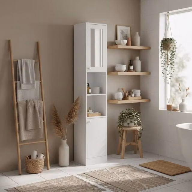 Wyld Haus Marila Narrow Tall Bathroom Cabinet in White with Mirrored Hinged Doors and Adjustable Internal Shelves, H 170 cm x W 30 cm x D 28 cm – 1