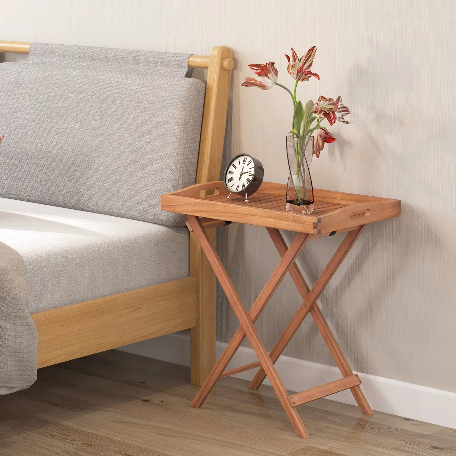 Costway Acacia Wood Folding Patio Side Table with Tea Tray in Natural Brown – 2