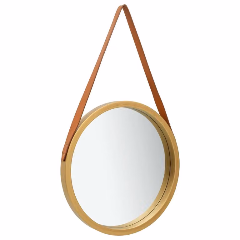 Berkfield Home Round Wall Mirror with Strap in Gold and Brown, W/D/H: 50 x 50 x 1 cm
