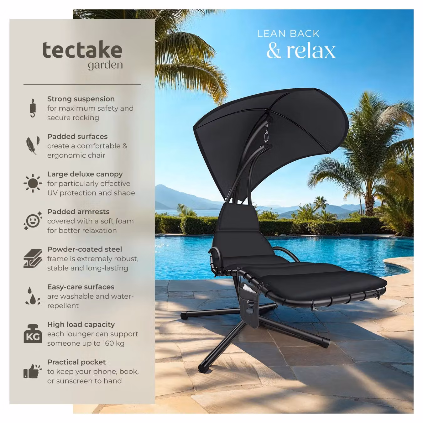 tectake Elaria Hanging Chair with UV-Protection Sun Canopy in Black – 2