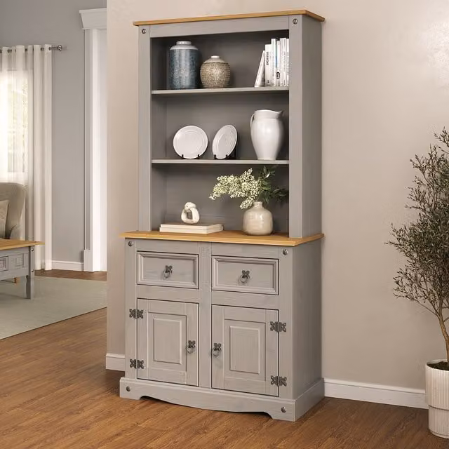 Mews Rustic Grey Pine Sideboard with Hutch Welsh Dresser Top featuring 2 Doors and 2 Drawers